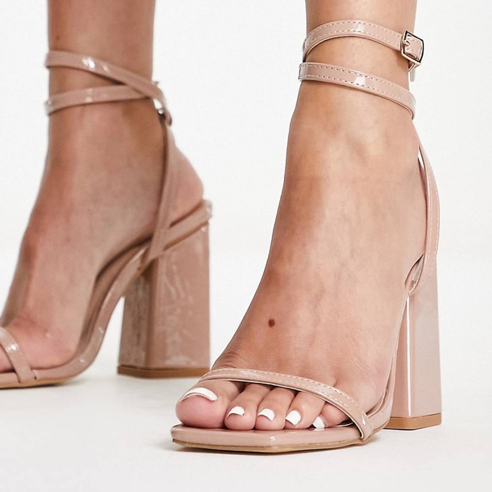 Beige Patent Block toe strappy heel